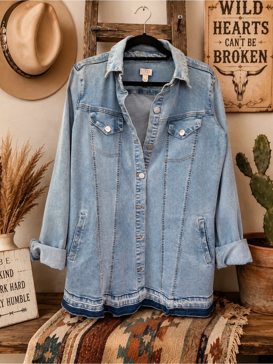 LOGO Lori Goldstein Jackets & Blazers - LOGO Lori Goldstein Denim Jacket Light Wash Raw Hem Longline Trucker Blue 6